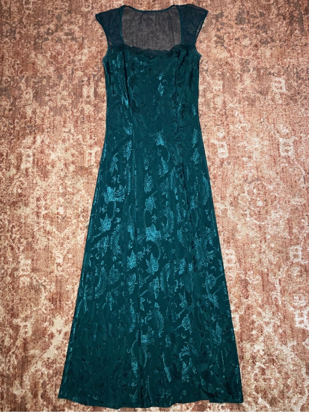 Vintage Long Green Floral Mesh Nightgown Slip Dress